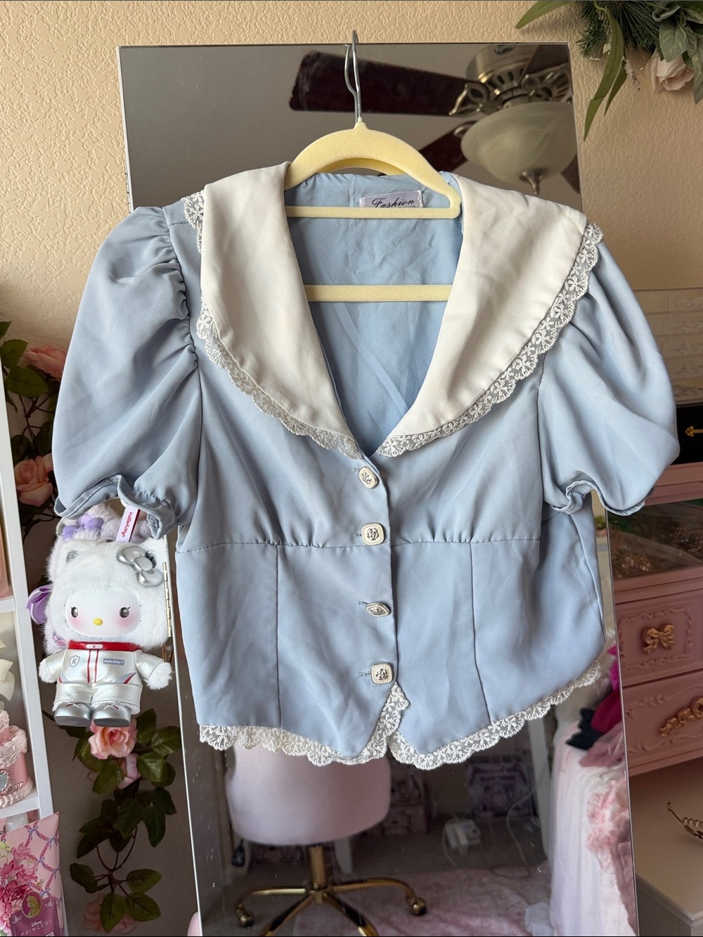Light Blue Sailor Collar Puff Sleeve Blouse